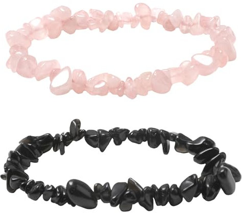 Qkhcable Chakra Bracelets for Women, 2PCS Natural Crystal Chip Bracelets Lrregular Reiki Gemstone Black Tourmaline Braceletst Rose Quartz Bracelet for Men Women, Healing Protection, Yoga, Meditation