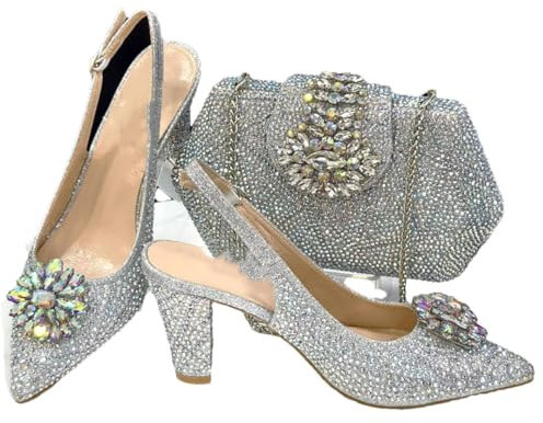 Yeuyyben Damen High Heels Taschen-Set, geprägter Lack, Diamant-Dekoration, klassische Damenschuhe und Tasche
