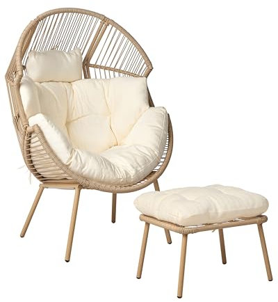 Beliani Gartensessel mit Hocker PE Rattan natürlich Auflagen cremeweiß Boho-Stil Murano