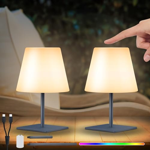 NiceBuy LED Tischlampe Akku 2er Set Touch Dimmbar Warmweiß/RGB USB-C Aufladbar Tischleuchte kabellos Mini Klein IP44 für Wohnzimmer Balkon Patio Terrasse​ (Grau Quadratischer Sockel)