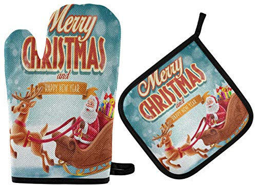 Vikeiac Set di presine da forno con Babbo Natale, idea regalo per Capodanno, antiscivolo, lavabili e resistenti al calore, per forno a microonde, barbecue, grigliate, regalo