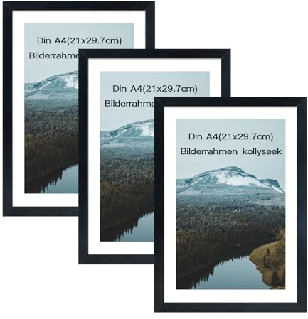 kollyseek 3er Set DIN A4 Bilderrahmen und Acrylglas Schwarz Fotorahmen DIN A4(21 x 29,7 cm),zum Aufhängen & Aufstellen, Wand Moderner Fotorahmen, Schwarz Dekorahmen