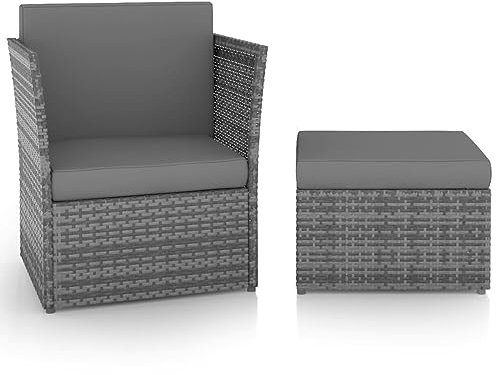 Sufrk Gartensessel mit Hocker Poly Rattan Anthrazit Gartenstuhl Schemel Gartenmöbel Relaxsessel