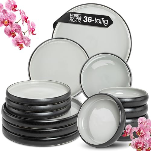 Moritz & Moritz SOLID UNI Geschirrset 12 Personen Grau 36-teilig - Modernes Steinzeug Geschirr Set - Mikrowellen- & Spülmaschinenfest, Essgeschirr, Tafelservice, Kombiservice 12 Personen