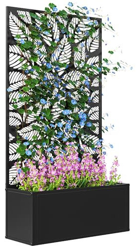 Outsunny Jardinera Exterior Grande de Metal con Pantalla de Privacidad de Hojas Decorativas, Jardinera de Pared o Independiente para Patio Terraza, 61x23x113 cm, Negro