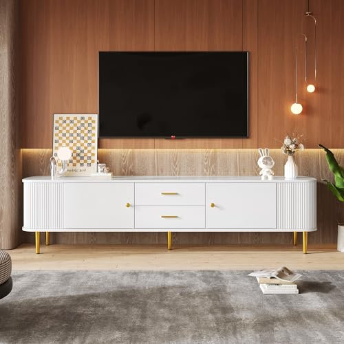 Kebnor Mueble de TV con cajones, esquinas curvas, mueble de TV con lados ondulados, asas doradas y patas