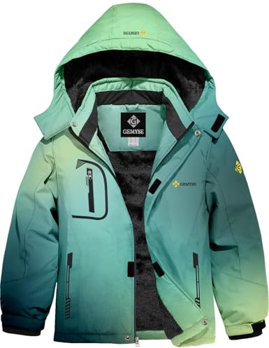 GEMYSE Veste de Ski pour Garçon Enfant Manteau Hiver Chaud Imperméable Coupe-Vent Blouson avec Capuche et Polaire(Dégradé Vert,128-134)