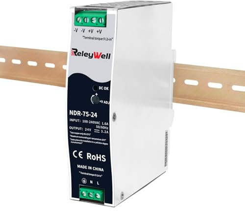 Fuente de alimentación carril DIN 24V,75W, 3.2A; transformador 230v a 24v led, carril DIN, fuente de alimentación 24 voltios, transformador campana, ReleyWell, NDR-75-24