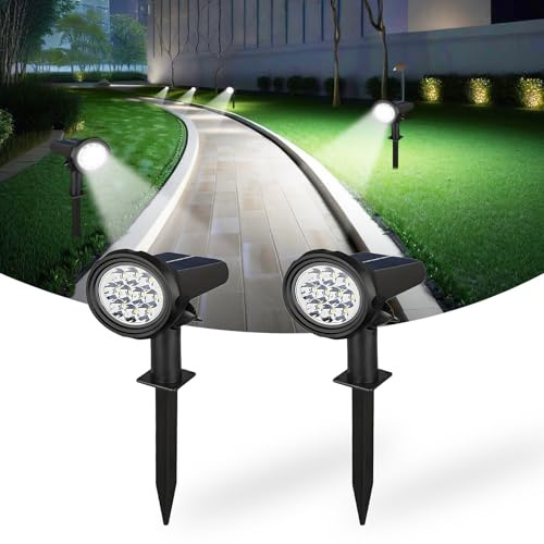 Hqynss 2 Stück Solarstrahler für Außen Garten, 6500K Kaltweiß Solarlampen für Außen,IP65 Wasserdicht Solar Strahler Gartenleuchten, Solarleuchten für Außen Garten, Hof, Gehweg