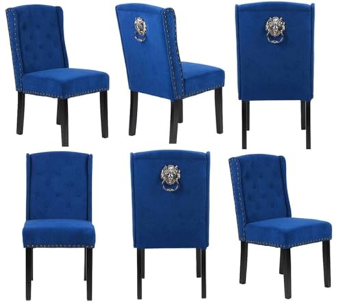 MILLIES DESIGN Set of 6 FRANCESCA Luxury Velvet Dining Chairs, Luxury Velvet Chairs 12 Button backrest, studded detailing, Lion head knocker, wooden legs (BLUE VELVET)