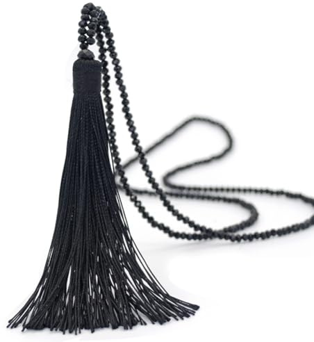 GreatRise Böhmen Halskette mit Quaste Boho Stil Lange Kette Damen Perlenkette mit Anhänger Künstlich Kristall Perle Halsschmuck Modeschmuck für Frauen Pullover Kostüm Zubehör Schwarz