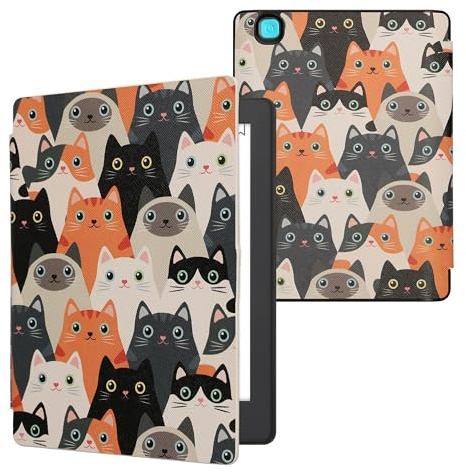 kwmobile Schutzhülle für Kobo Aura H2O Edition 2 Hülle - eReader Flip Case mit Auto Sleep Funktion - Katzen mit Orange Schwarz Weiß