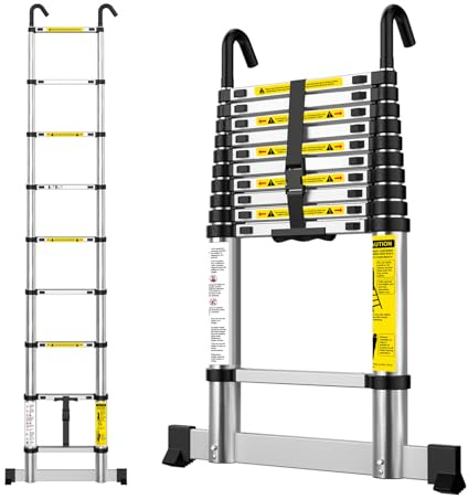 EASelect Telescopic Ladder 2.6M Aluminium Extension Loft Ladder with Stabilizer Bar, Non-Slip Feet and Detachable Hooks, EN131, Portable Extendable Folding Ladders for Roof, Attic, Caravan
