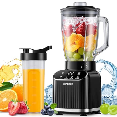 SHARDOR Blender for Kitchen, Max1400W Professional Smoothie Blender with 1.5L Glass Jar & 700ml To-Go Cup Combo,5 Intelligent Program, Ice Crush & Frozen Fruit, Smoothies, Milkshakes,Black