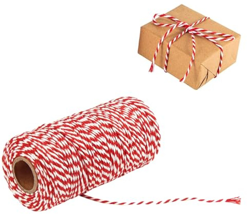 ZORVYN Corda Filo, Spago da Macellaio, Filo per Macramè, Spago di Cotone Sottile, Spago da Cucina, Nastro per Regali e Fai da Te, Natale, Calendario dell'Avvento (100M, 2mm) (Rosso Bianco)