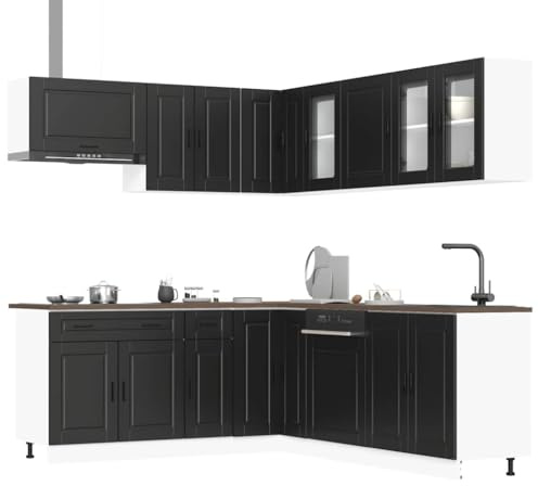 Owoxanthellate Owox - Angolo cottura Porto nero, 11-TLG. 80 × 46 × 81,5 cm, con vano portaoggetti, mobile angolare, pensile, pannello per lavastoviglie