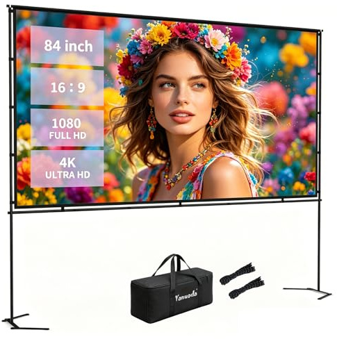 Pantalla de Proyector con Soporte 84 Pulgadas, 4K Ultra HD Sin Arrugas, Formato 16:9 Real, Ángulo Visión 160° - Pantalla Proyección Portátil Interior Exterior para Cine en Casa, Jardín y Camping