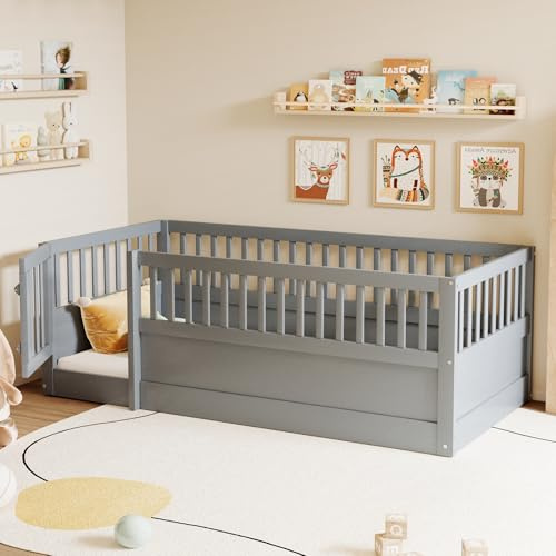 Jovify Kinderbett 90x200 cm, Bodenbett mit Rausfallschutz und Tür, Montessori Kiefer Massivholz Bett Gitterbett Babybett Kinder Jugendbett Einzelbett Holzbett für Jungen und Mädchen, Grau