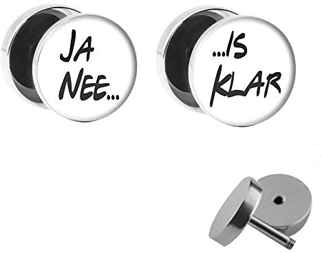 Treuheld® | Set - Ja nee ... is klar - 2 Ohrstecker zum Schrauben mit Spruch - WEIß Schwarze Fake Plugs - Ø 10mm - Ohrringe - Ohr Fake-Tunnel - Silber mit lustigem Spruch - Chirurgenstahl Faketunnel