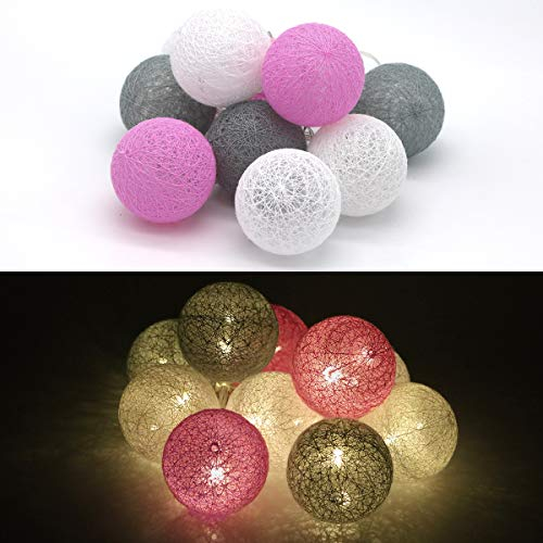 Tronje 10 LED Baumwollkugeln 6cm - 1,9m Kugel-Lichterkette 4h-Timer batteriebetrieben Lichterkugeln Pink-Grau