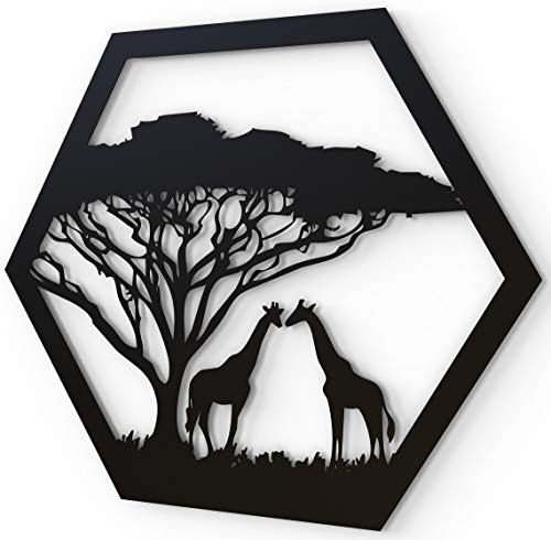 JustComfy Wanddeko aus Metall | 37x32cm | Wand Dekor aus schwarzem Metall | Metallbilder als Moderne Wanddekoration für Wohnzimmer & Flur | Motiv Giraffen
