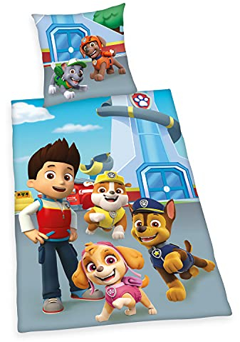 Herding Paw Patrol Bettwäsche-Set, Kopfkissenbezug 65 x 65 cm, Bettbezug 140 x 200 cm, mit leichtläufigem Reißverschluss, Baumwolle/Renforcé