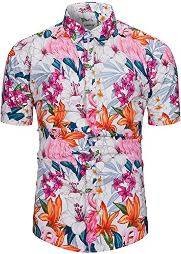 fohemr Funky Hawaiian Shirts for Men Short Sleeve Tropical Button Down Summer Beach Shirts Flamingo Print Large