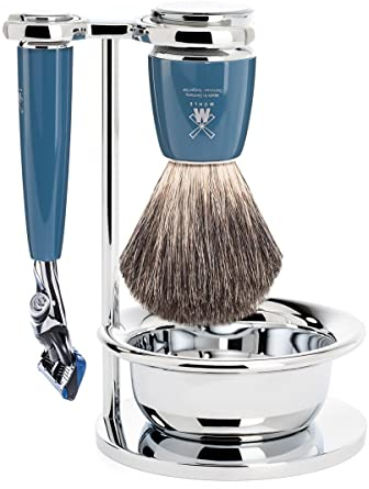 MÜHLE Rytmo Rasierset - 3tlg, kompatibel mit Gillette-Klingen, Pinsel reines Dachshaar, Halterung mit Schale, Edelharz Griff petrol