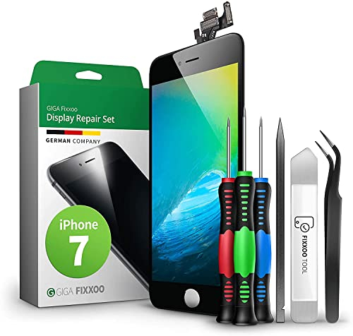 GIGA Fixxoo Compatibile con Il Display di iPhone 7 Set Completo di Sostituzione del Display preassemblato con Fotocamera Anteriore e Kit di Strumenti, Kit di Riparazione, Nero, Vetro LCD Retina
