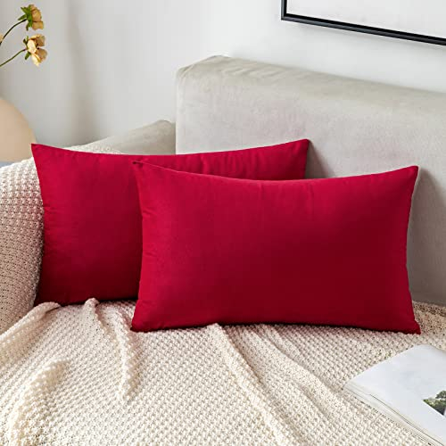 EMEMA Samt Kissenbezug Kissenhülle Dekorative Dekokissen Sofakissen Lendenkissen Wurfkissenbezug mit Verstecktem Reißverschluss Sofa Schlafzimmer 2er Set 30x50 cm Rot