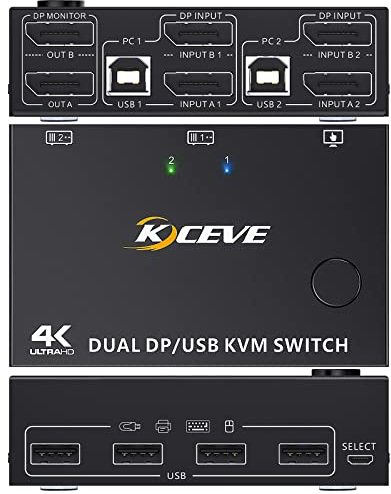 DP KVM Switch für 2 Computer und 2 Monitore, KCEVE Displayport USB KVM Umschalter, Unterstützt 4K@60Hz, Teilt Tastatur, Maus und Monitor