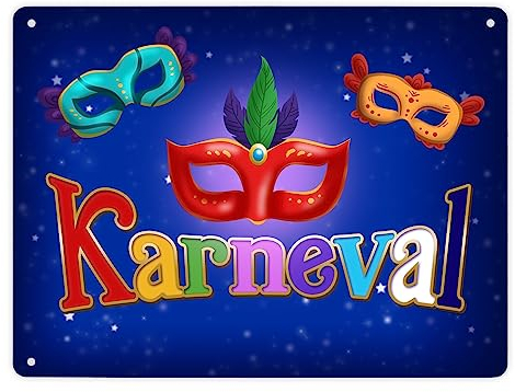 Kölner Karneval Metallschild XL in 21x28 cm mit bunten Ballmasken als Dekoration zur Faschingszeit, um Partystimmung zu verbreiten für Liebhaber der fünften Jahreszeit