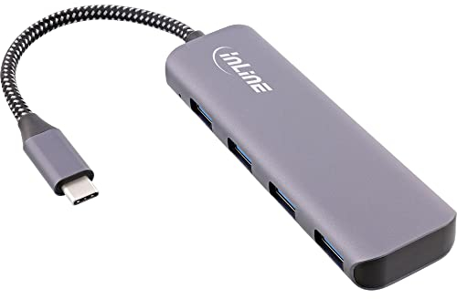 InLine® USB 3.2 Hub, USB Typ-C zu 4X USB A 10Gb/s, Metallgehäuse, grau