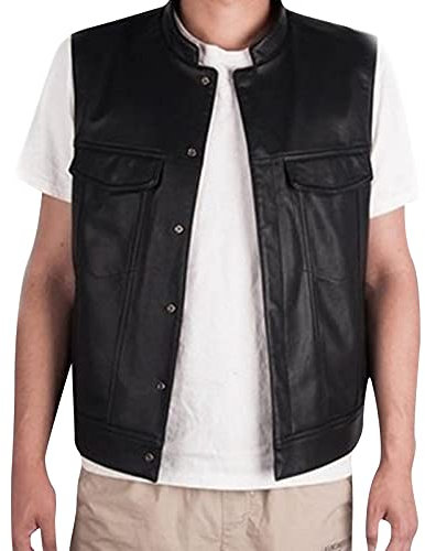 Herren Lederweste Weste Kutte Leder Biker Rocker Motorrad Clubweste Bikerweste mit Stehkragen und Taschen Motorradweste Schwarz Premium Rindsleder Motorrad Leder Weste