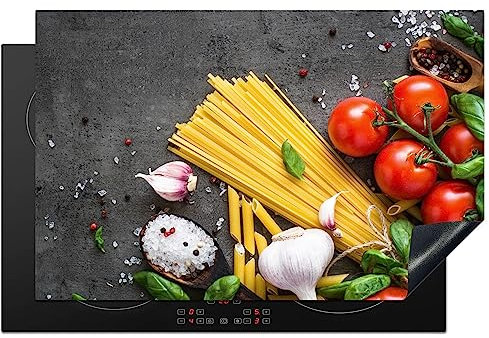 KitchenYeah© Herdabdeckplatte Einteilig Abdeckplatten Cerankochfeld Abdeckung Ceranfeld Herdplattenabdeckung Induktionsmatte Nudeln - Kräuter - Tomaten - Gewürze - Rustikal - 81x52 cm
