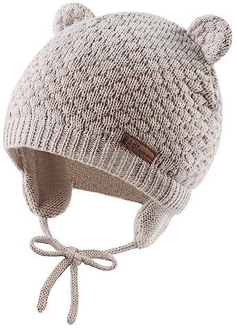 XIAOHAWANG Baby Wintermütze Jungen Mädchen Warmer Strickmützen Weicht Baumwolle-Futter mit Süße Bärenohren Winter Babymütze(Beige, 6-18 Months)