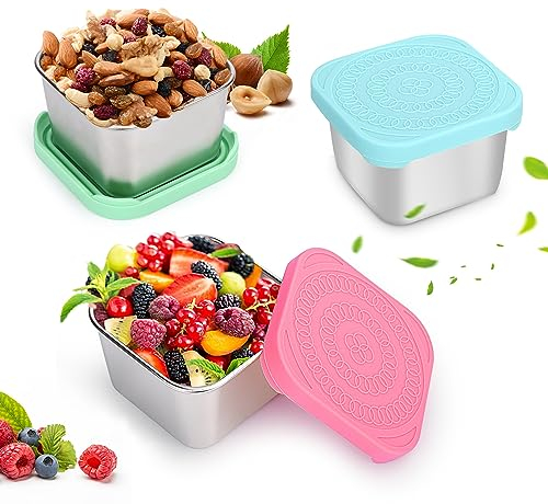 Hydream 3 Uds 180ml Contenedores de Bocadillos de Acero Inoxidable con Tapas de Silicona, Pequeño Recipiente de Aperitivos, Recipiente de Snack se Utilizan para Trabajo, Escuela, Picnic