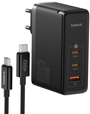 Baseus USB C Ladegerät 160W, 3 Ports PD3.1 GaN5 Charger Typ C Netzteil Schnellladegerät Kompatibel mit MacBook Pro/Air, Laptop, iPhone 16/15/14/13 Pro Max, iPad, Samsung Galaxy S24 Ultra, SteamDeck
