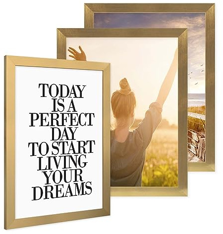 PHOTOLINI Bilderrahmen 30x40 Holz MDF Gold 3er Set, breite Rahmen 30x40 Gold mit Acrylglas, picture frame 30 x 40 zum Aufhängen, Bilderrahmen 40x30 cm plus Zubehör - zur Fotorahmen Wanddekoration
