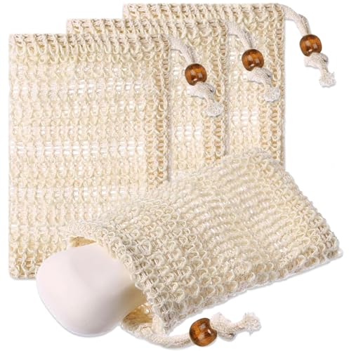 4 Stück Seifensäckchen, Sisal Seifenbeutel, Naturprodukt Beige Seifen Säckchen, Kordelzug Massage Seifensack,Gut zum Bade, einfach für die Reise