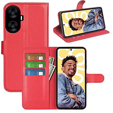 BOCTECH Funda para Realme C55, Carcasa con Tapa Flip Case Libro de Cuero PU Piel y Silicona Suave Cartera Cover Antigolpes con Cierre Magnético, Ranura para Tarjeta y Función de Soporte, Rojo
