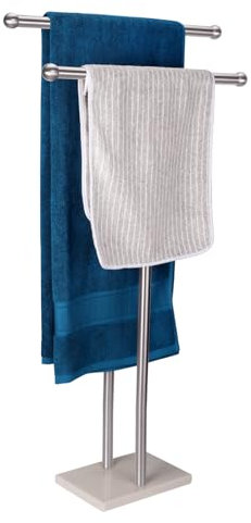WAYDELI Stehender Handtuchhalter, Doppel-T-Form, hoher Badetuch-Lakenhalter mit Marmor-Design Basis für Badezimmer, 2-stöckiger Handtuchhalter, Ständer aus Edelstahl (gebürstetes Nickel)