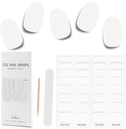 Kalolary 32PCS Cured Gel Nail Polish Strips, Adhesive Full Wrap Gel Nail Art Sticker, Waterproof Gel Nail Wrap Stickers with Nail File and Stick (White)