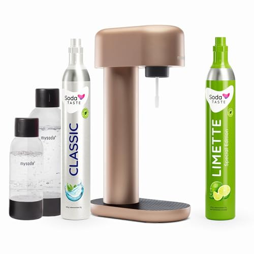 Sparpaket: Mysoda Ruby - Wassersprudler aus Aluminium mit 1L und 0,5L BPA-freier Plastikflasche, CO2-Zylinder Classic + CO2-Zylinder Limette (Kupfer)