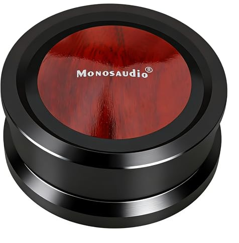 Monosaudio Schallplattengewicht Stabilisator RT290, Schwarz | 290g Aluminium + Rotes Holz, LP-Gewicht mit Weicher Basis, Vinyl Klemme, Für Phono Plattenspieler/Vinyl-Player