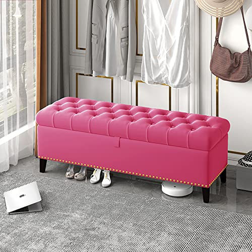 EsEntL Samt-Aufbewahrungsbank,Luxuriöse Aufbewahrungsbank Ende der Bettbank,Knöpfe Polsterbank mit Stauraum,Moderne Aufbewahrungsbänke Schlafzimmerbank Aufbewahrungstruhe-Rosa rot 80x40x45cm(31x16x