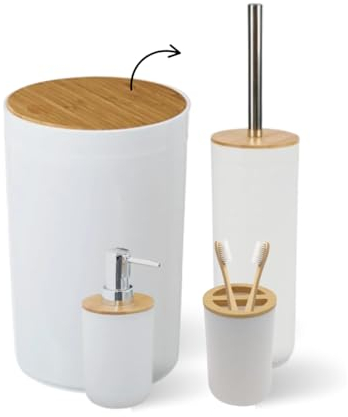 Biberty Set Accesorios de baño Blanco y Bambú | Incluye Papelera baño 5L, escobilla baño, dispensador de jabón y portacepillos. Kit de Accesorios para baño sin Taladro, Juego de 5 Piezas de baño