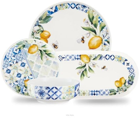 VILLA ITALIA - Geschirrset 6 Personen LIMONETTI - Weiss Essgeschirr - Elegant 6er Teller - Weiß Grün Geschirr Set - Handmade Tafelservice - Hochwertiges Kuchenteller - Spülmaschinen und Mikrowellen