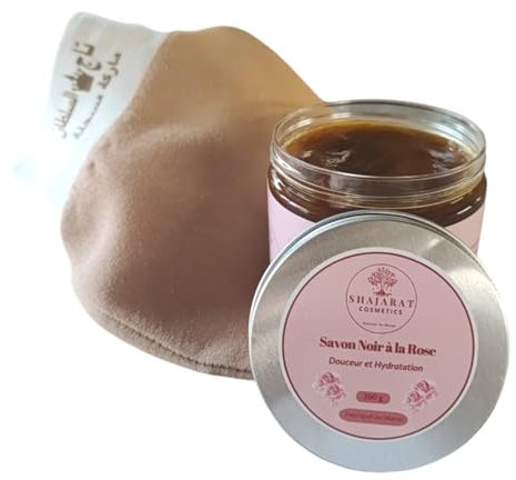 Savon noir Naturel A La Rose-Visage et Corps-Exfoliation profonde. Élimine les impuretés et les cellules mortes ; Purification Intense-Hydratant-200g- Gant Offert.