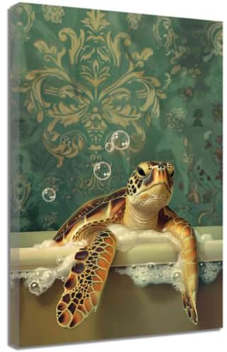 ZQQART Tier Wanddrucke für Badezimmer lustiges Tier in der Wanne Bild auf Leinwand süße Katze Otter Hirsch Schildkröte in der Dusche Poster tropisches Dschungeltier Dekor (Grün,30x45cm)